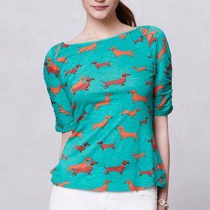 Anthropologie Postmark Here & There, Teal Dachshund Wiener Dog Top Medium, Large